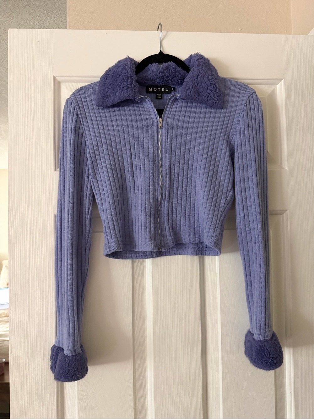 Motel Rocks Lavender Ribbed Zip-Up Jacket with Faux Shearling Collar